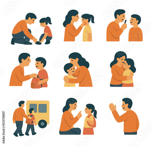 Parent-Child Morning Icons. Flat icon set of parent-child morning moments: helping with shoes, tying hair,