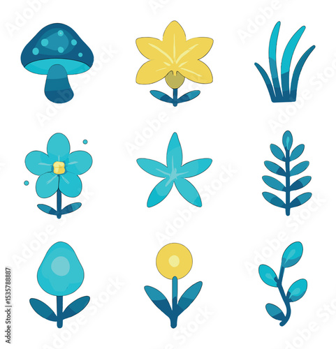 Bioluminescent Flora Icons. Flat icon set of bioluminescent flora: glowing mushroom, radiant lily, twilight