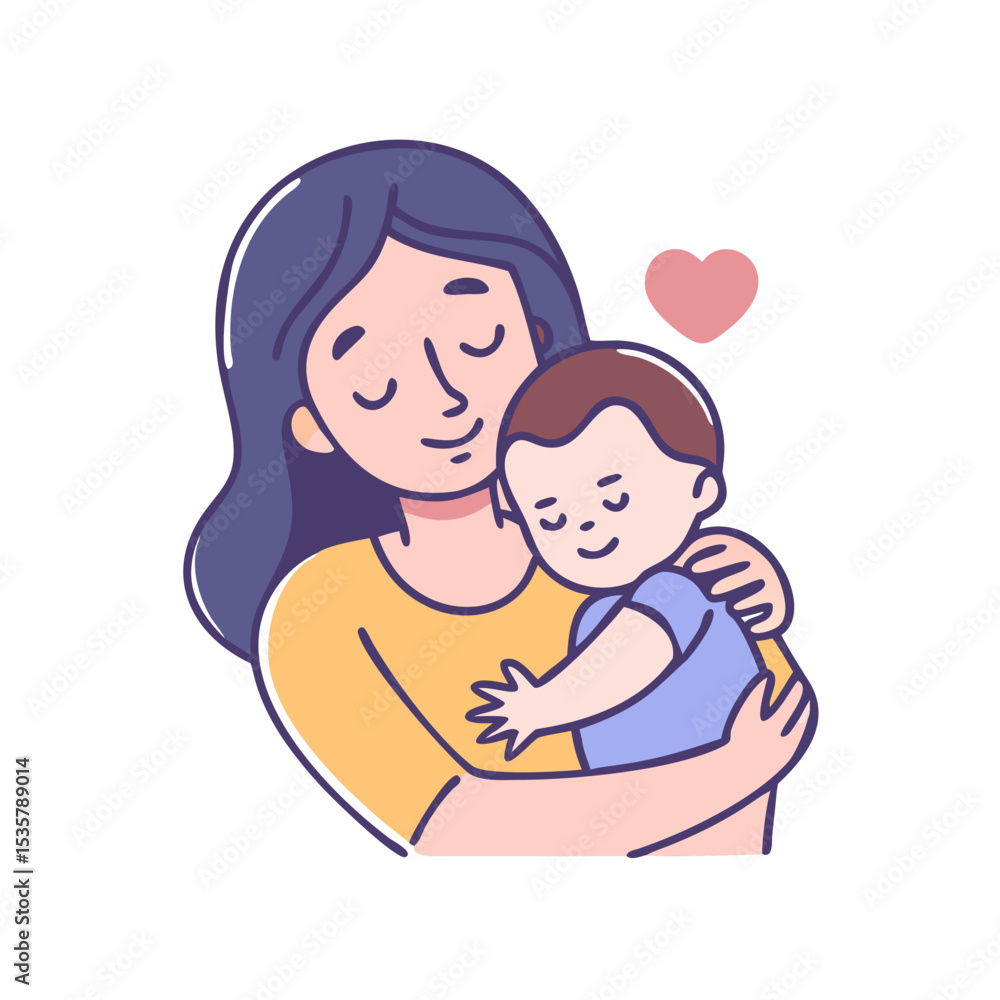 Adorable cartoon depiction of a mother holding her baby with love colorful vector icon