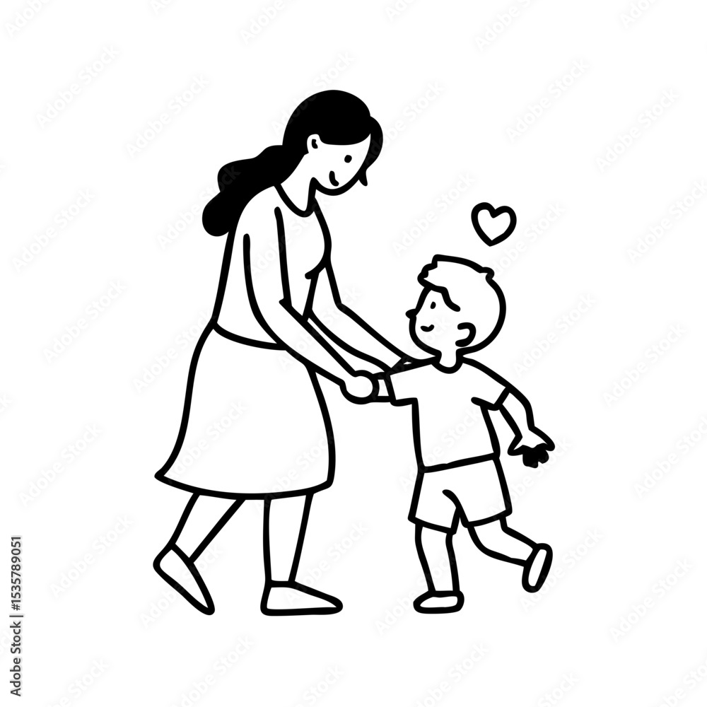 Mother and Son Walking Hand in Hand with Heart Love Doodle colorful vector icon Mother and Son Walking Hand in Hand with Heart Love Doodle colorful vector icon