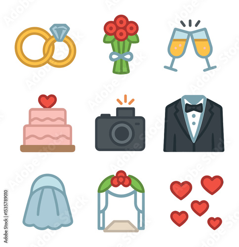 Wedding Celebration Icons. Flat icon set of wedding celebrations: wedding rings, bouquet, champagne glasses,