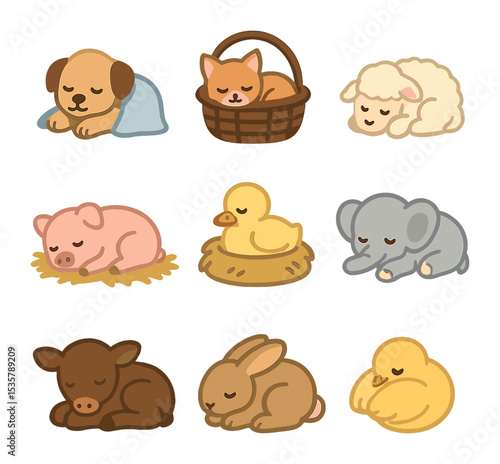 Animal Sleep Cycle Icons. Flat icon set of animal sleep cycles: REM chart, curled-up cat, dog twitching in