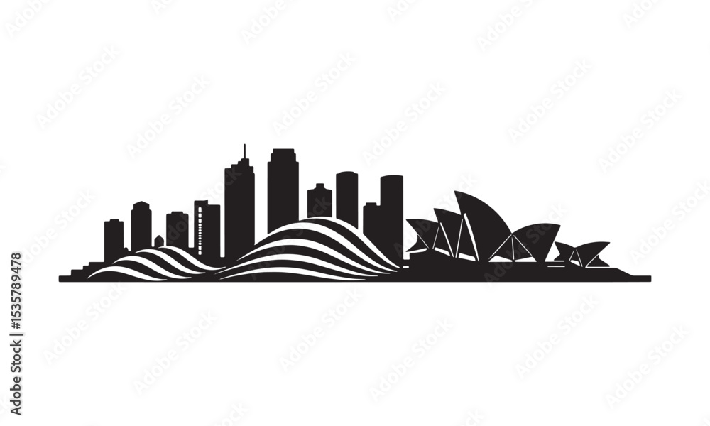 Naklejka premium Black and white minimalist illustration of the sydney australia skyline and opera house