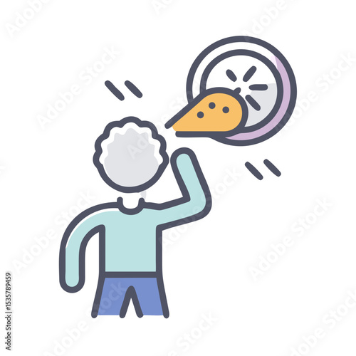 Cartoon person with grey curly hair drinking from a citrus slice drink colorful vector icon