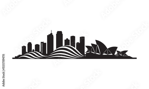Black and white minimalist illustration of the sydney australia skyline and opera house