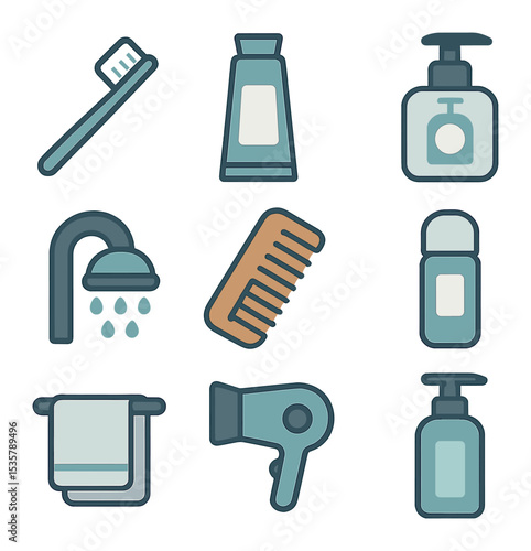 Seasonal Hygiene Icons. Flat icon set of seasonal hygiene tips: hand sanitizer, moisturizing cream, sunscreen,