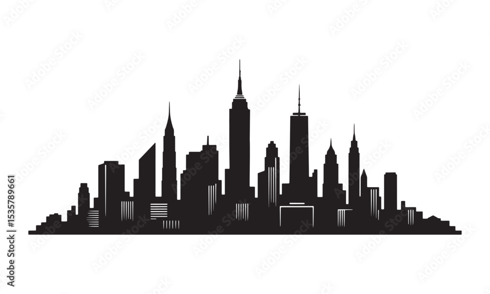 Naklejka premium Black and white silhouette of a modern cityscape illustrating urban architecture and skyline