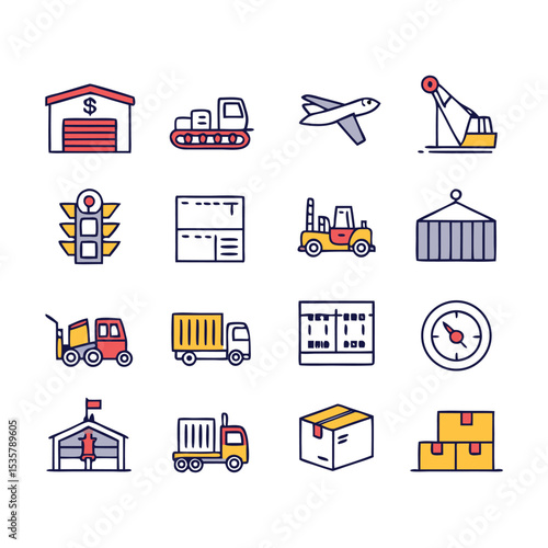 Logistics and Supply Chain Line Icons | Customizable Vector Set | Cargo Truck, Shipping Box, Warehouse, Barcode, Route Planning, Inventory Control and Delivery Elements