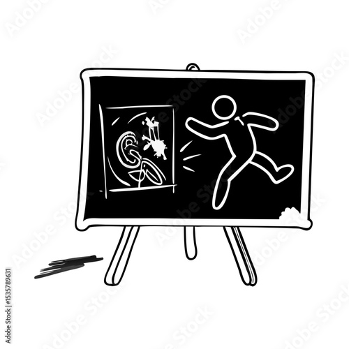 A cartoon vector of a stick figure escaping from a chalkboard drawing colorful vector icon