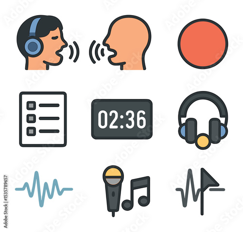 Panel Discussion Icons. Flat icon set of fan panels and Q\&A: microphone, podium, audience, question bubble,