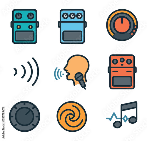 Recording Studio Icons. Flat icon set of recording vocal tracks: condenser microphone, pop filter, headphones,