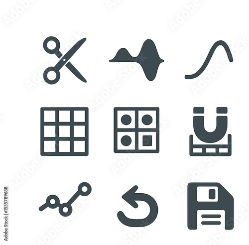 Microphone Icons Grid. Flat icon set of microphone types: dynamic mic, ribbon mic, shotgun mic, lavalier mic,