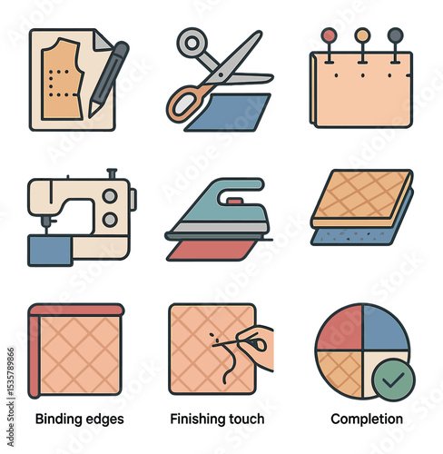 Quilting Materials Icons. Flat icon set of quilting materials: cotton fabric, batting layer, backing cloth,