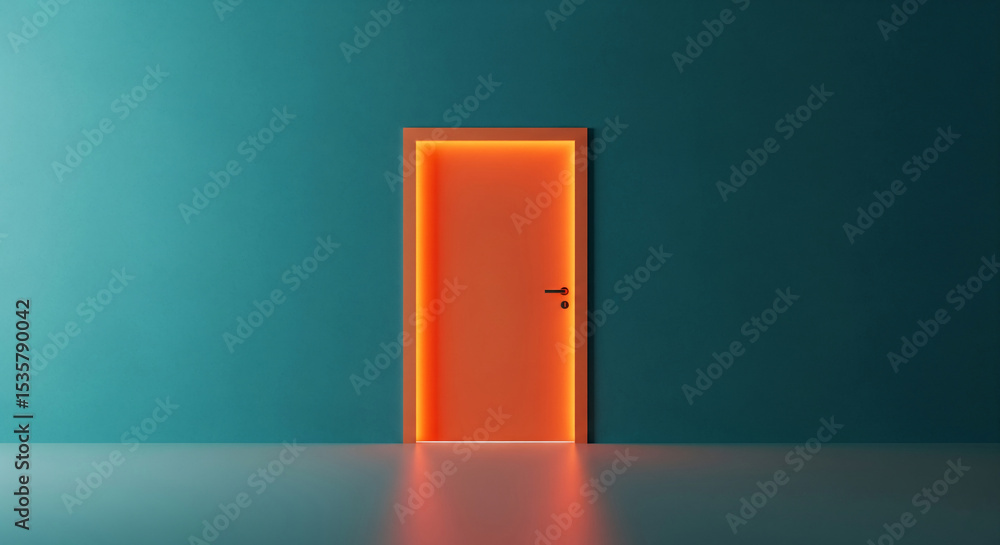 Orange door with teal wall background, illuminated from within, suggesting new opportunities and transitions, ideal for business or motivational concepts Orange door with teal wall background, illuminated from within, suggesting new opportunities and transitions, ideal for business or motivational concepts