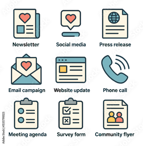 Nonprofit Event Icon Set. Flat icon set of nonprofit event planning: event tent, registration desk, stage
