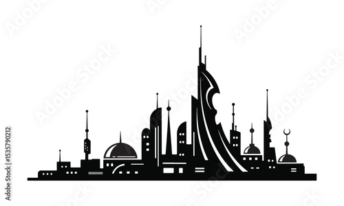 Futuristic cityscape silhouette in black and white featuring modern architecture and buildings