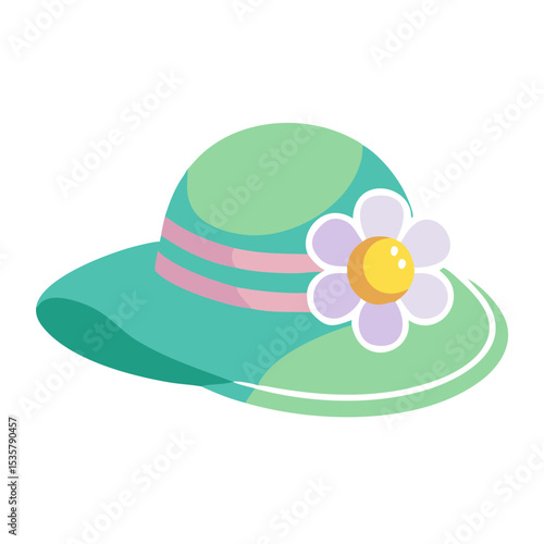 Stylish sun hat in pastel shades decorated with a cute flower colorful vector icon
