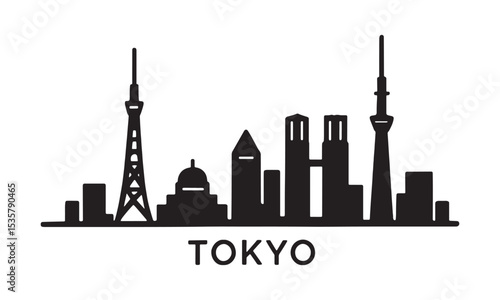 Iconic black silhouette of the tokyo skyline with architectural landmarks and bold typography
