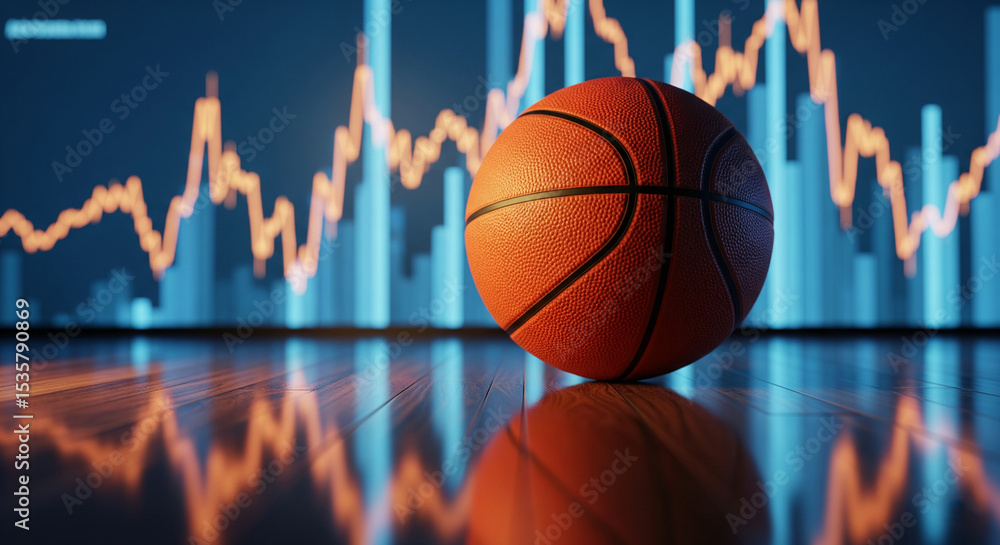Close-up of orange basketball on wood floor, blurred financial graph background, showcasing financial markets and sports business connection Close-up of orange basketball on wood floor, blurred financial graph background, showcasing financial markets and sports business connection