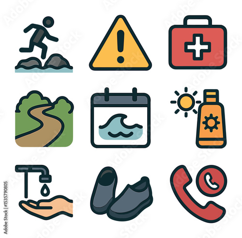 Intertidal Habitat Icons. Flat icon set of intertidal habitat features: rocky shore, tide pool water, seaweed,