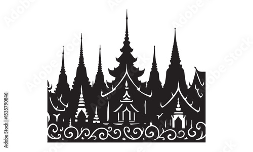 Silhouette illustration of traditional buddhist temple and detailed decorative floral elements