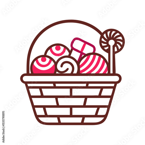 Illustration of a delightful basket overflowing with assorted sweets and candies colorful vector icon