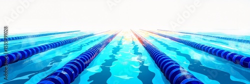 Abstract perspective of swimming pool lanes with vibrant blue lanes and reflective water surface, bright illumination creating a dynamic atmosphere, concept of sports or fitness.