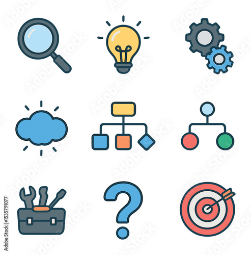 Conflict Scenario Icons. Flat icon set of conflict scenarios: angry face, crossed swords, broken chain, raised