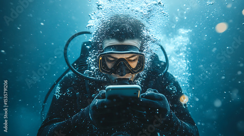 Diver Using Smartphone Underwater Surrounded by Bubbles in Deep Ocean