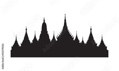 Silhouette of burmese temples and pagodas illustrating spirituality and ancient architecture