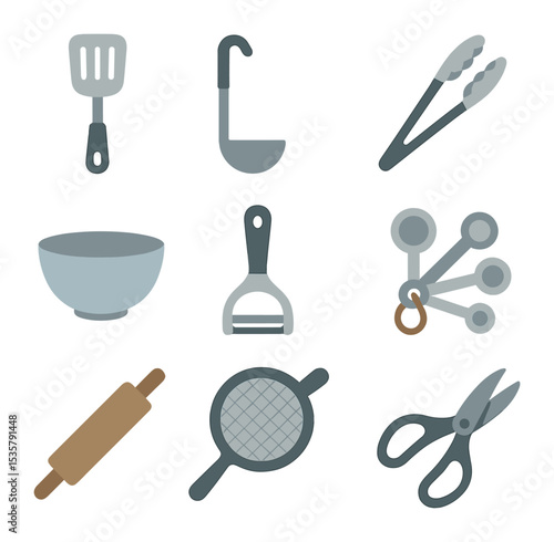 Baking Icon Set. Flat icon set of baking inspiration: recipe book, baking blog, kitchen timer, video tutorial,