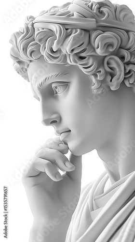 White marble statue of a man in deep thought pose