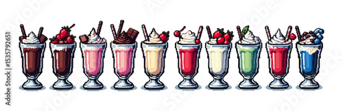 Pixel Art Collection Sweet Drinks of Milkshakes in Retro Game Style – Various Flavors and Glass Types, Centered on White Background, No Shadows