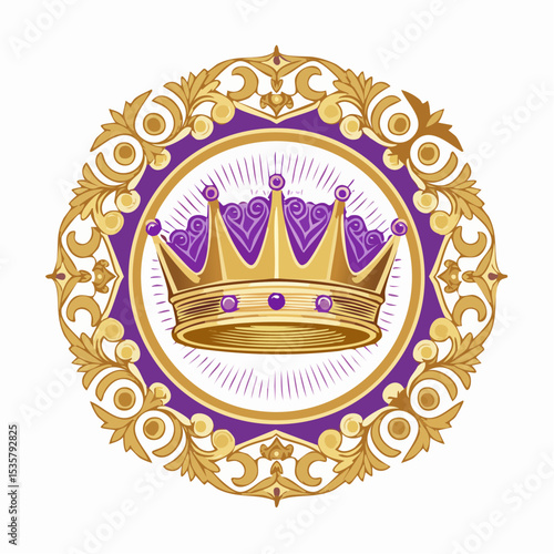 Royal gold crown in ornate purple and gold frame with rays of light for royalty or elegance