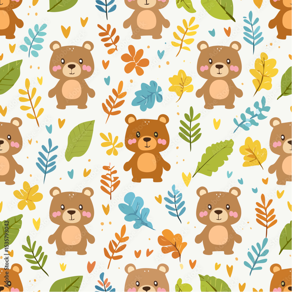 Obraz premium Cute cartoon bear pattern with leaves and hearts for textile designs and children's apparel, Seamless woodland animal theme, repeating background for kids craft projects