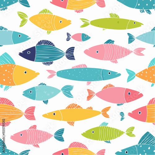 Colorful Fish Seamless Pattern Design, Cute Hand-Drawn Marine Life Illustration
