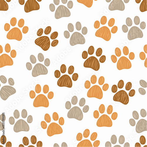 Seamless pattern with paw prints in earth tones on a white background