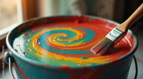 A medium closeup of a paint mixing station with vibrant pigments swirling together in a large bucket highlighting the preparation phase of the coating process.