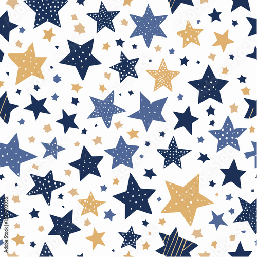 Whimsical star pattern vector illustration in navy, gold and blue with white background suitable for fabrics and paper products