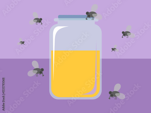 Flies buzzing around closed glass jar of honey on purple background, food temptation concept, vector illustration