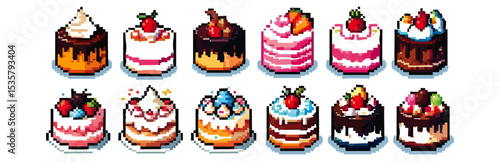Set of collection of Birthday Cakes in Pixel Art Retro Game Style – Whole & Sliced Variants, Centered on White Background, No Shadows