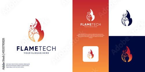 fire logo with abstract technology concept, smart industry, digital system service, vector illustration design.