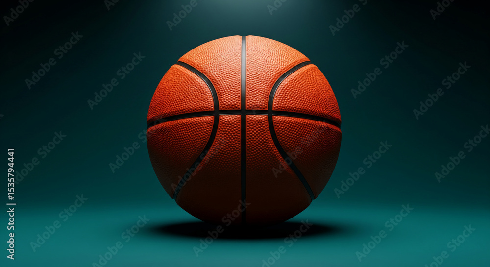 Fototapeta premium Orange basketball on teal background, spotlight highlighting texture, symbolizes sport, competition, and fitness, perfect for sports themes