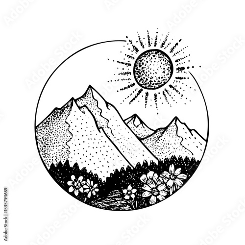 Hand-drawn solstice celebration vector in nostalgic grain photocopy illustration style