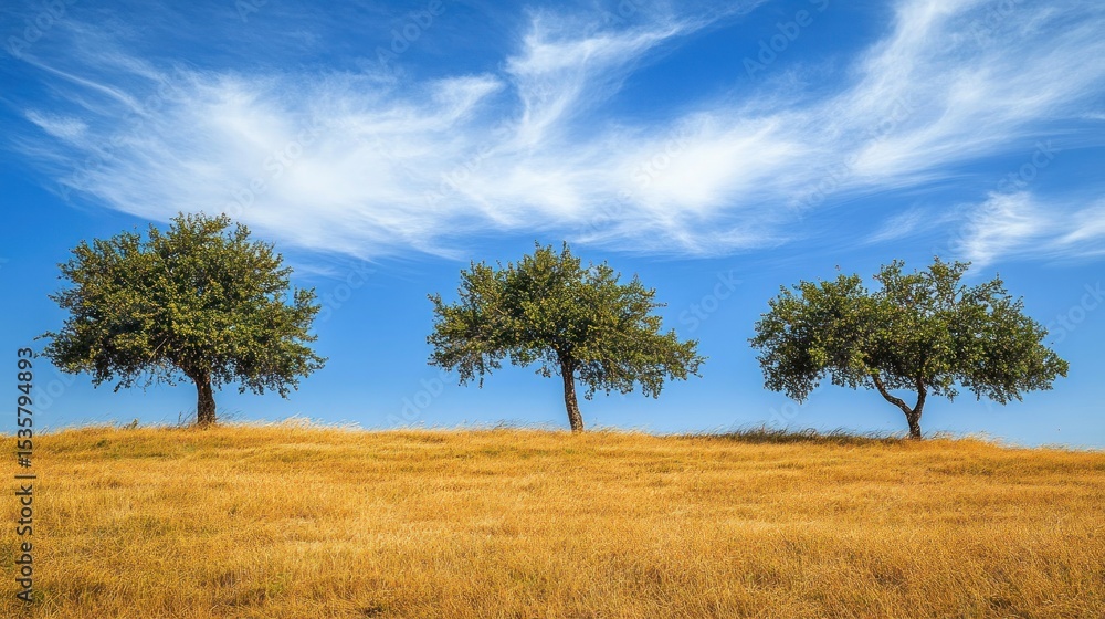 Three trees stand tall on a golden field under a vibrant blue sky. Three trees stand tall on a golden field under a vibrant blue sky.