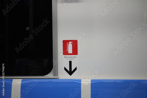 Fire Extinguisher Sign in Modern Metro Train, Vietnam Public Transport Safety