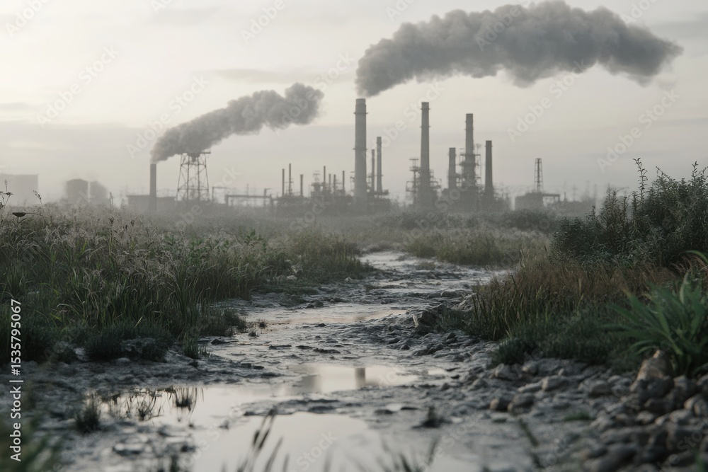An ultra realistic scene depicting air pollution in industrial zones in a natural environment. An ultra realistic scene depicting air pollution in industrial zones in a natural environment.