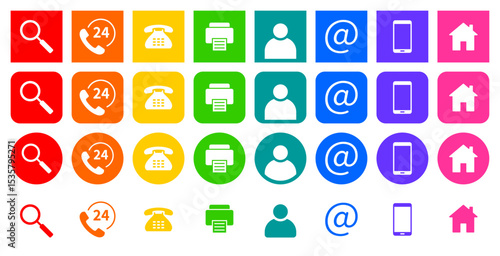 Set of contact icons. Profile, email, cell phone and address. Search, 24 hour support, phone and fax. Set of multicolored round and square icons