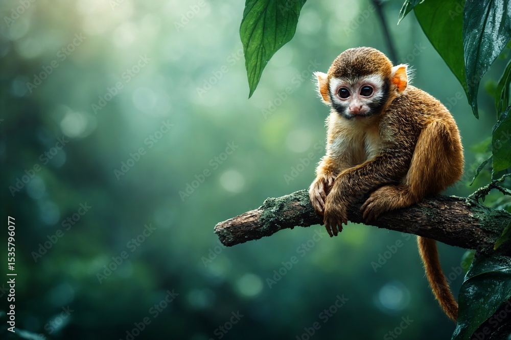 Obraz premium Baby monkey in tropical jungle — cute squirrel monkey sitting on tree branch in rainforest