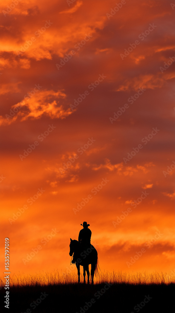 Fototapeta premium a cowboy on horseback on a hilltop at sunset